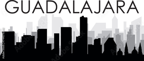 Black cityscape skyline panorama with gray misty city buildings background of the GUADALAJARA  MEXICO with a city name tag