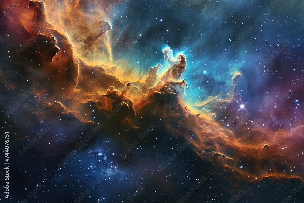 Fototapeta premium An awe-inspiring image showcasing a mesmerizing space scene filled with countless stars, Imaginary view of a high contrast colored nebula, AI Generated