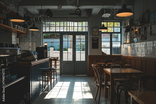 A photo of a restaurant featuring tables, chairs, and a door, Impression of an open kitchen cafe with no people present, AI Generated