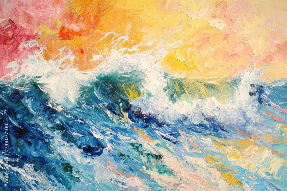 In this painting, a forceful ocean wave crashes against imposing rocks, creating a dramatic and dynamic scene, Impressionist-style painting of colorful ocean waves, AI Generated