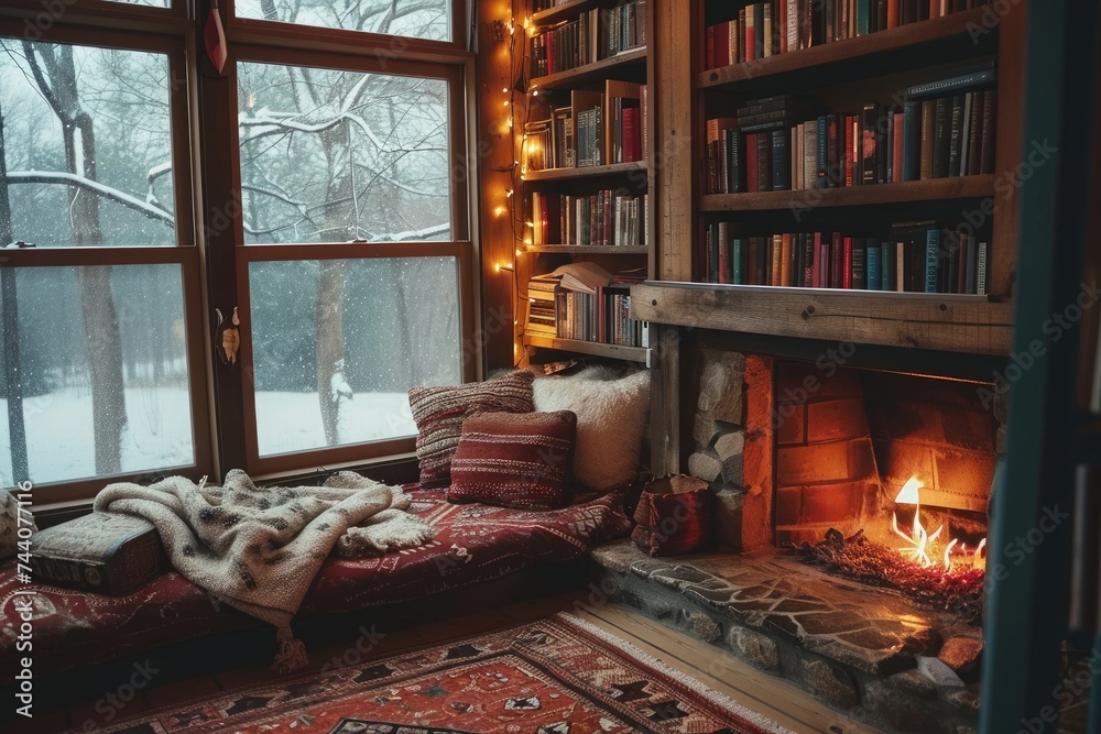 Cozy Living Room With Fireplace and Bookshelves, Incorporate imagery of books and a warm, cozy reading nook to represent a literature podcast, AI Generated