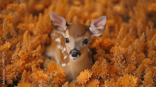  a close up of a small deer in a field of flowers with a blurry image of it's face in the center of the photo, with a blurry background.