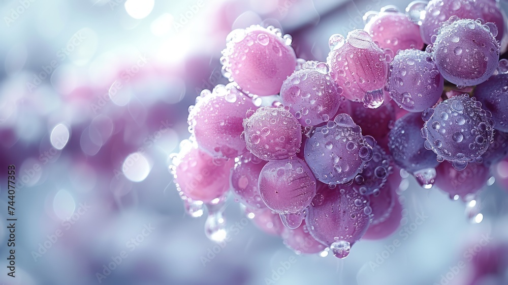  a close up of a bunch of grapes with drops of water on the leaves and on the outside of the grapes is a blurry background of blue and white.