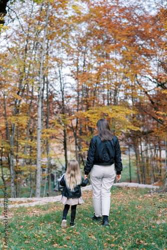 Mom and a little girl walk holding hands through a yellow autumn forest. Back view