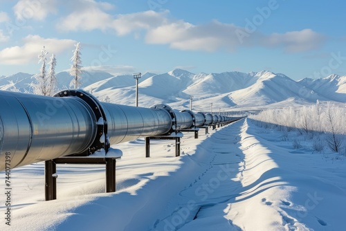 A long line of pipelines stretches across a snowy landscape  creating a network for transporting resources  Industrial pipelines across a snowy mountain range  AI Generated