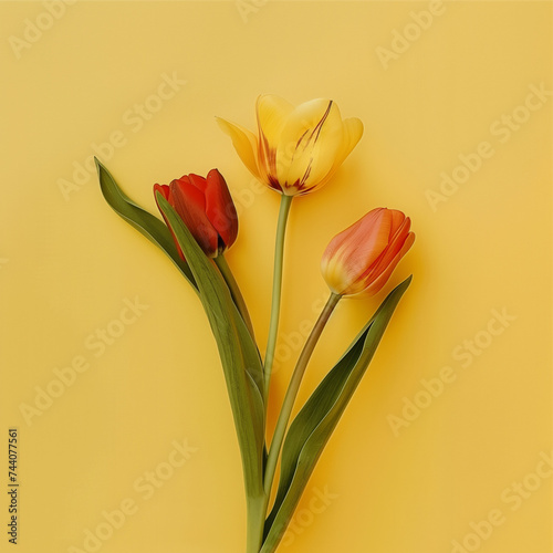 Red and Yellow Tulips on Yellow Background