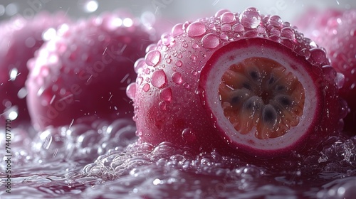  a close up of a grapefruit with drops of water on it and a whole grapefruit in the middle of the image with water droplets on the surface.