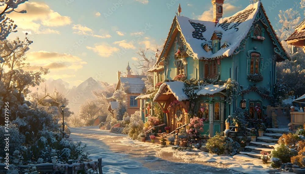 Silent snowfall over a quaint village, a serene winter fairytale come to life.
