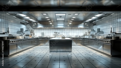  a large commercial kitchen with stainless steel appliances and counter tops and a counter with a sink and dishwasher in the center of the room is lit by recessed lights. photo