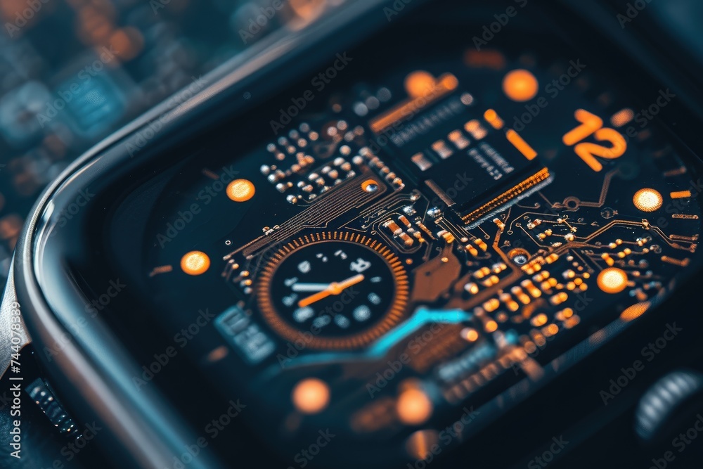 A detailed view of a stainless steel watch face featuring chronograph dials and intricate minute markers, Inside of a modern smartwatch focusing on the circuit board, AI Generated
