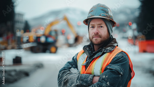 A rugged construction worker, clad in a hard hat and high-visibility jacket, stands with crossed arms against a backdrop of heavy machinery and a snowy work site.
