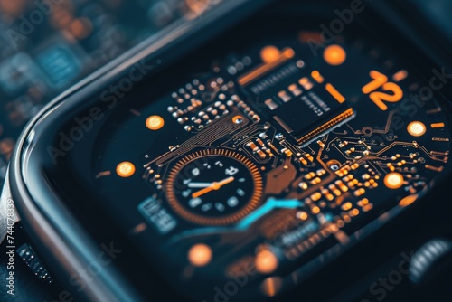 A detailed view of a stainless steel watch face featuring chronograph dials and intricate minute markers, Inside of a modern smartwatch focusing on the circuit board, AI Generated