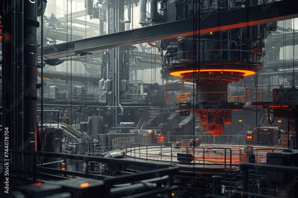 A large-scale factory filled with numerous machines and machinery, all diligently working to produce various products, Interior of a fully automated construction factory, AI Generated