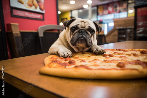 Funny fat french bulldog dog having pizza with the owner in a dog friendly pizzeria photo
