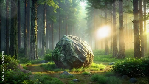 large rock in the middle of the forest with fresh green plants photo