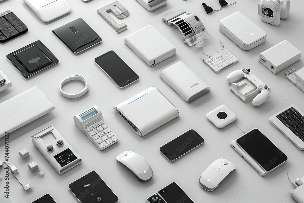 Multiple electronic devices, including smartphones, laptops, and tablets, are neatly arranged on a white surface, Internet of Things devices in a minimalist layout, AI Generated Multiple electronic devices, including smartphones, laptops, and tablets, are neatly arranged on a white surface, Internet of Things devices in a minimalist layout, AI Generated