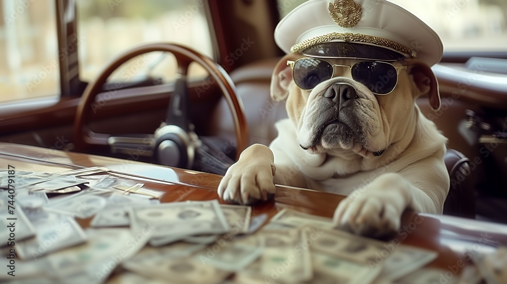 A stern-faced bulldog exudes an aura of authority and wealth, wearing a white captain's hat and reflective sunglasses, sitting behind a classic car's steering wheel