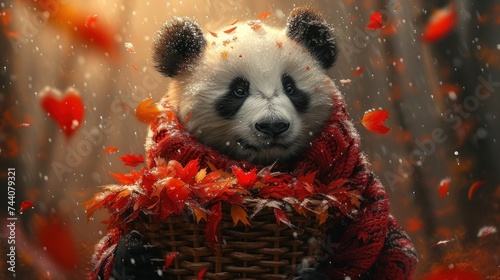  a panda bear wearing a red scarf and a red scarf around it's neck is sitting in a basket in the middle of a field of leaves and falling.
