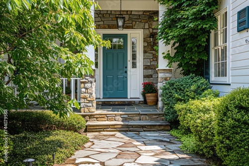 Classic and Beautiful: A White Front Door with Blue-Green Accents in a Charming Home Entrance