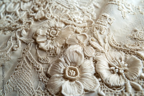 A macro photograph capturing the intricate details of a white lace fabric adorned with delicate flowers, Intricate details of antique lace, AI Generated