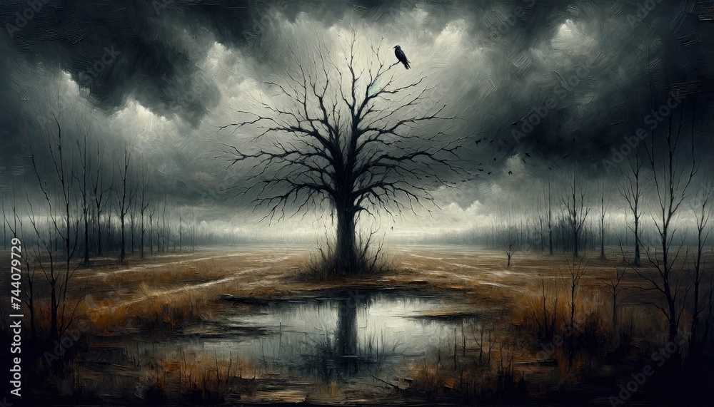 A barren tree in a bleak setting, emphasizing the emptiness and desolation often associated with depression. AI Generative