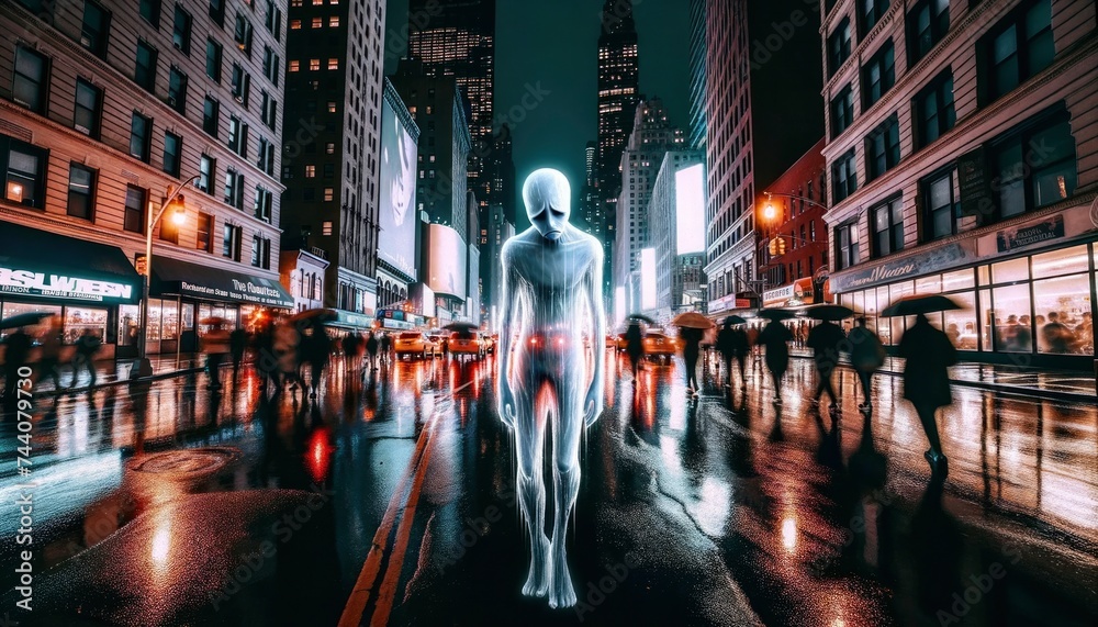 A haunting scene with the city's skyline in the background and a translucent figure amidst the crowd, symbolizing the often unseen struggle with depression. AI Generative