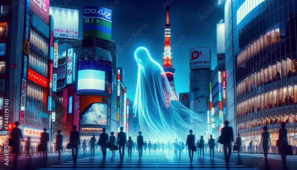 A ghostly figure drifts through the neon-lit streets of Shibuya, with Tokyo Tower standing tall in the background. AI Generative