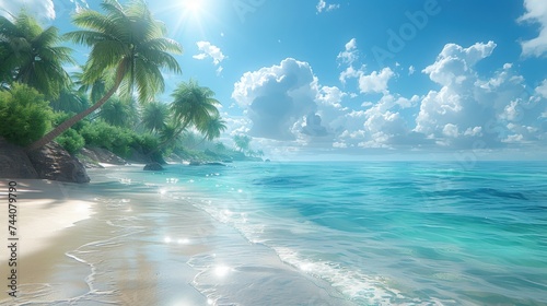  a painting of a tropical beach with palm trees on the shore and the sun shining on the water and clouds in the sky over the water and on the beach.