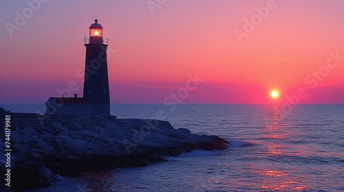  a light house sitting on top of a cliff next to a body of water with the sun setting in the middle of the sky over the water and a body of water.