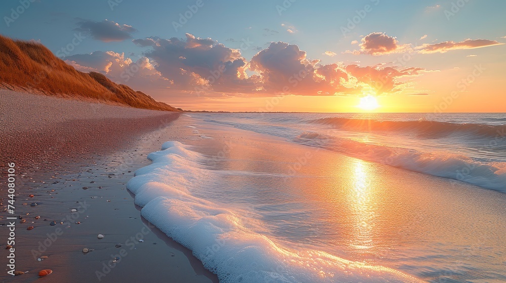  the sun is setting over a beach with waves coming in to shore and sand blowing in the foreground, and a cliff on the far side of the beach.