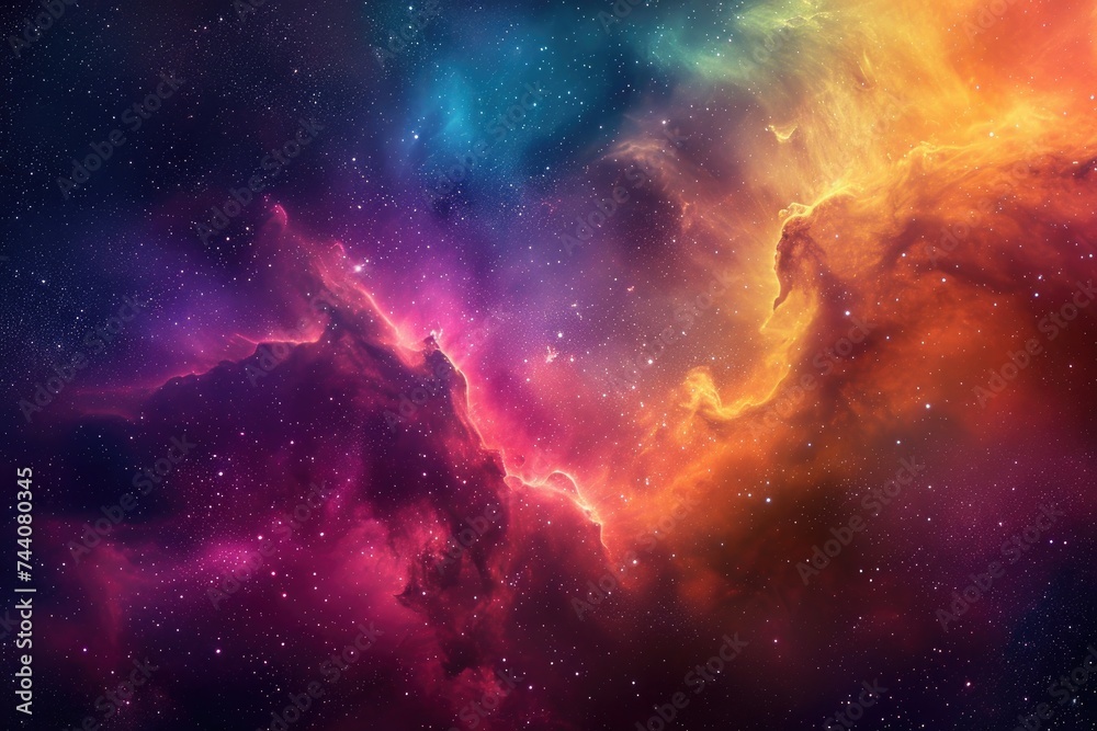A vibrant space scene featuring a multitude of stars and clouds in different colors, Iridescent swirls of a colorful nebula cloud in deep space, AI Generated A vibrant space scene featuring a multitude of stars and clouds in different colors, Iridescent swirls of a colorful nebula cloud in deep space, AI Generated