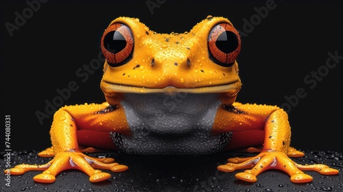  a close up of a yellow frog on a black surface with drops of water on it's face and eyes, with a black background with a black backdrop.