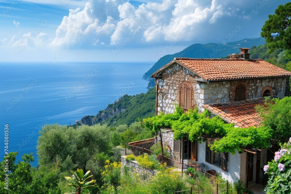 A beautiful house with ocean views stands on a cliff, offering a breathtaking vista of the crashing waves below, Italian countryside villas overlooking the sea, AI Generated