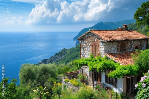 A beautiful house with ocean views stands on a cliff  offering a breathtaking vista of the crashing waves below  Italian countryside villas overlooking the sea  AI Generated