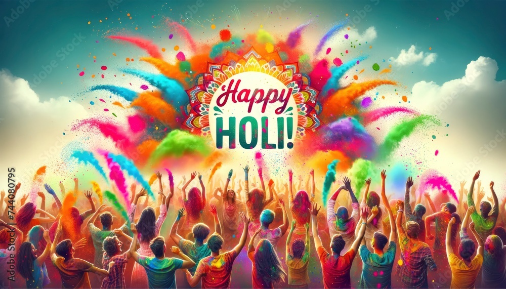 A jubilant Holi celebration where people are playfully splashing vibrant colored powders and water at each other, with a bold "Happy Holi!" text at the top. AI Generative - obrazy, fototapety, plakaty 