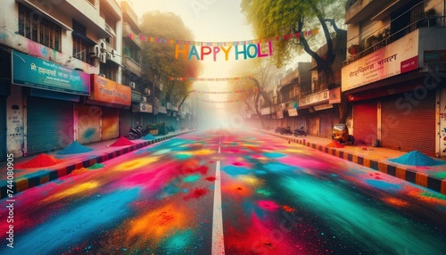 An empty street during the Holi festival, filled with colorful Holi powder. AI Generative