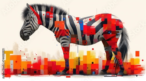  a painting of a zebra standing in front of a cityscape with red, yellow, and blue squares on it's body and a cityscape background. © Nadia