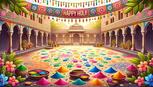 Holi festival showcases a courtyard filled with colorful handprints. AI Generative photo