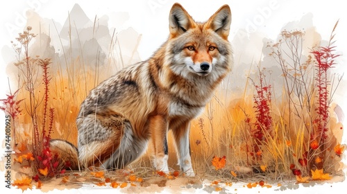  a watercolor painting of a fox sitting in a field of tall grass with red flowers in the foreground and a background of yellow grass and red flowers in the foreground.