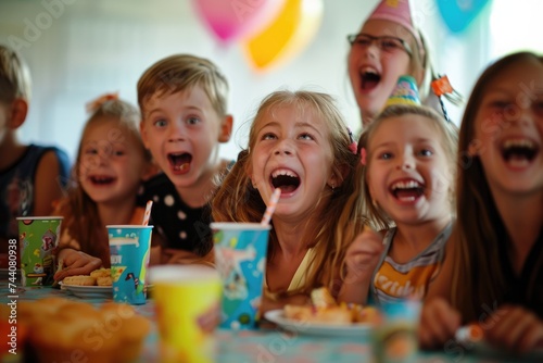 Group of Children Celebrating a Birthday Party With Cake and Balloons, Kids at a surprise birthday party with joyous expressions, AI Generated