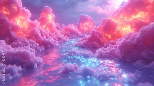  a painting of a river surrounded by clouds in a blue and pink sky with stars in the middle of the water and the sun shining on top of the clouds.