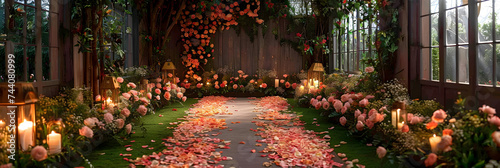 Mariage ceremony decorated with flowers wedding hall , Outdoor Garden Wedding with Cascading Flowers and Softly Lit Pathways