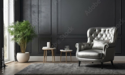 Mock up a silvercolored luxury armchar in a black walls living room with plant.