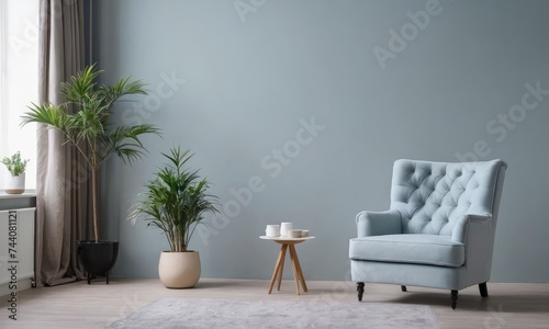 Background mock up blue colored luxury armchair in a blue walls living room.  photo