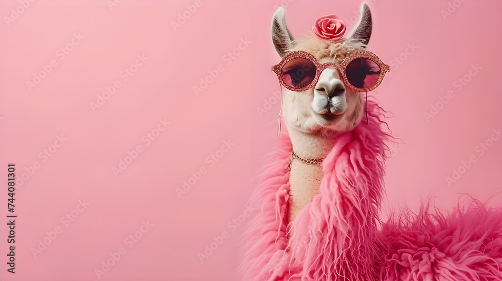 Creative animal concept. Llama in sunglass shade glasses isolated on solid pastel background, commercial, editorial advertisement, surreal surrealism Creative animal concept. Llama in sunglass shade glasses isolated on solid pastel background, commercial, editorial advertisement, surreal surrealism