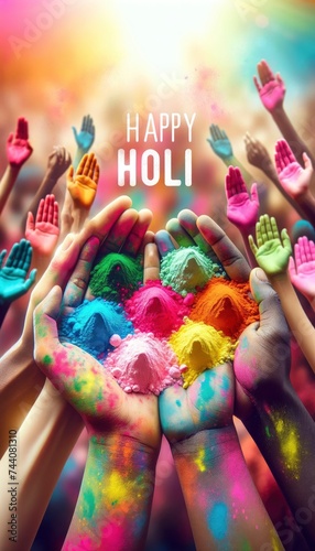 The poster shows a close-up of hands holding colorful Holi powders, symbolizing inclusivity. AI Generative