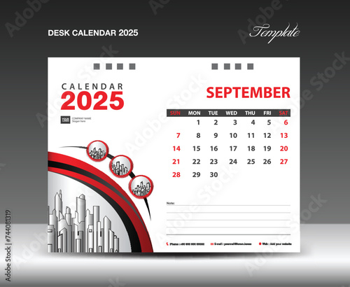 Desk Calendar 2025 template with circle frame can be use photo, September 2025 template. Wall Calendar design, planner, Corporate Calendar 2025 creative design mockup, printing, advertisement, vector