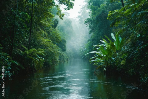 A meandering river cuts through a dense green forest  creating a picturesque landscape  Landscape of a river in the midst of the deep rainforest  AI Generated