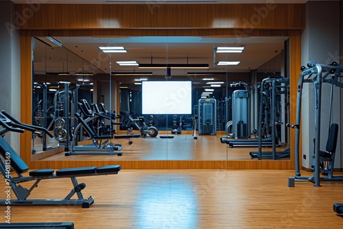 A well-equipped fitness center featuring a variety of exercise machines and equipment, Large mirror reflecting a gym interior, AI Generated