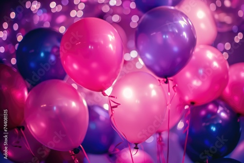 A vibrant assortment of balloons released into the air at a festive event, creating a lively and colorful spectacle, Large-sized birthday party balloons in vibrant pink and purple hues, AI Generated